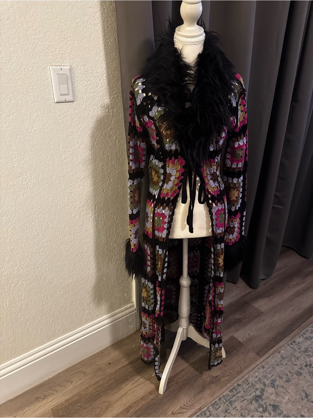 Current Mood Crochet Coat/Long Jacket with Faux Fur Trim